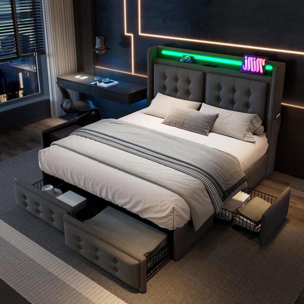 Letto matrimoniale 180x200 grigio con LED, USB-C, prese e 4 cassetti