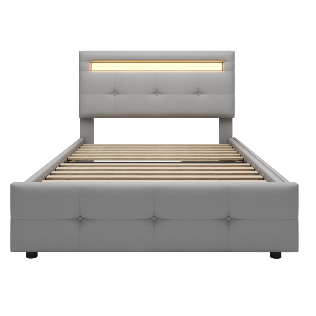 Letto imbottito 90x200 cm con LED, 2 cassetti, testiera regolabile e rete a doghe grigio