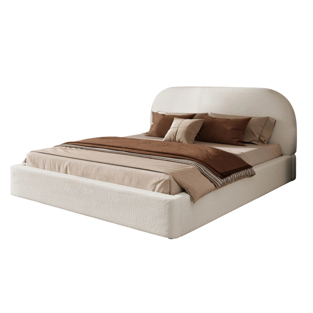Letto imbottito in bouclé beige con rete a doghe; 223 × 200 × 98.5 cm