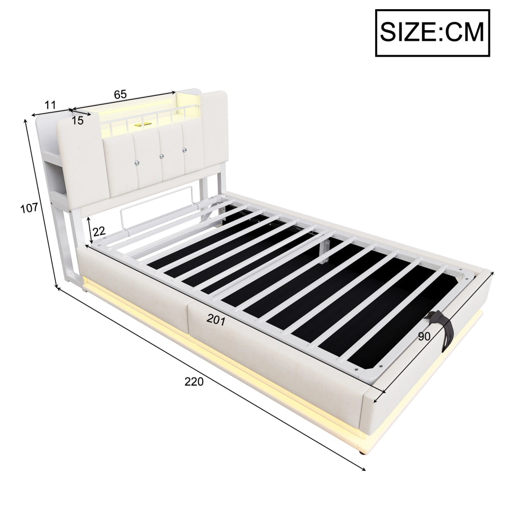 Letto imbottito per bambini 90x200 cm beige con LED, USB e vano contenitore