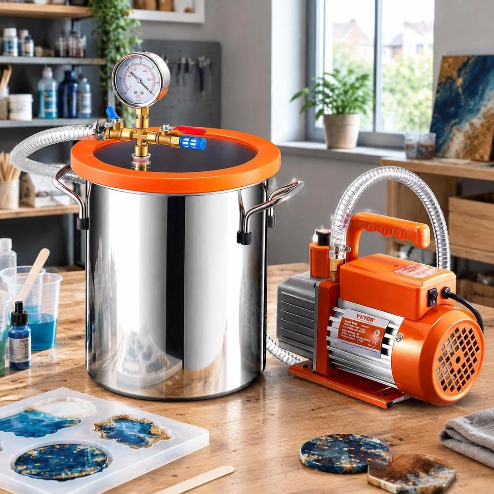 11.36L Vacuum Chamber & 3.5 CFM Pump, Stainless Steel Chamber, Single-stage Vacuum Pump Degassing Chamber Kit, With Acrylic Lid, Oil, 1.5 M Hose, Vacuum Pump Kit For Degassing Resin, Silicone, And Epoxies