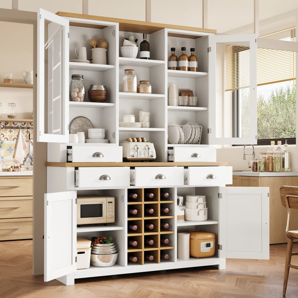 Mobile colonna da cucina con anta in vetro 5 cassetti portabottiglie removibile bianco 120 ¡Á 40 ¡Á 185 cm