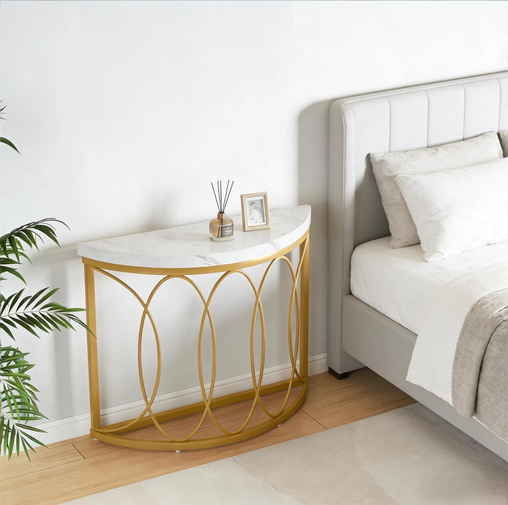 Tavolo consolle da ingresso semicircolare oro e bianco, 110 x 35 cm