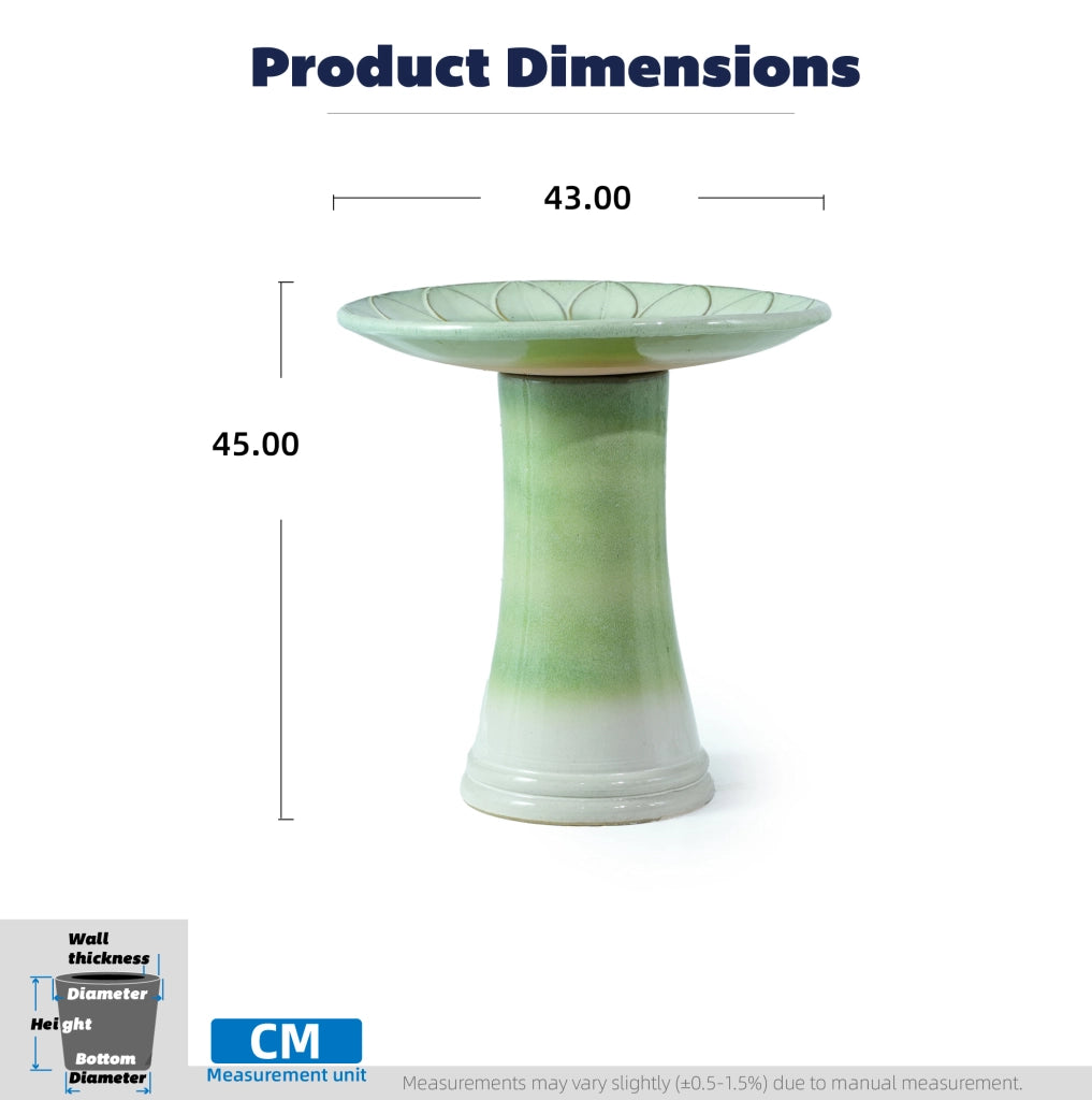 Abbeveratoio per Uccelli in Ceramica Artigianale con Rilievo a Fiori, Ø43 cm, Altezza 45 cm, Glassa Verde Chiaro Lucida, Resistente al Freddo e agli Agenti Atmosferici