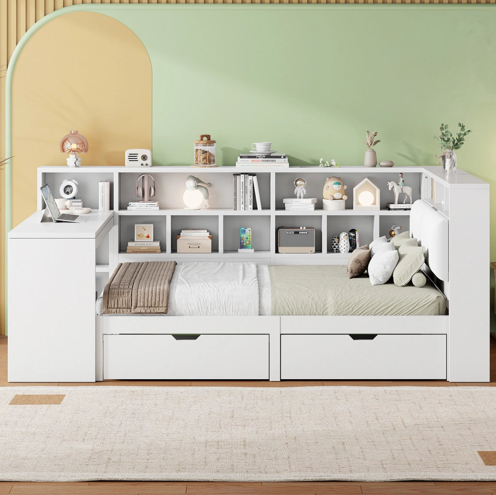 Letto a piattaforma a L 140x200 cm con scrivania e LED