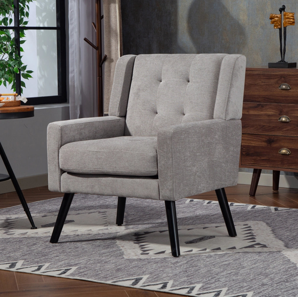 Sedia imbottita con rivestimento in lino nero, gambe in legno massiccio e cuscino in schiuma ad alta densità - design Mid-Century per spazi piccoli