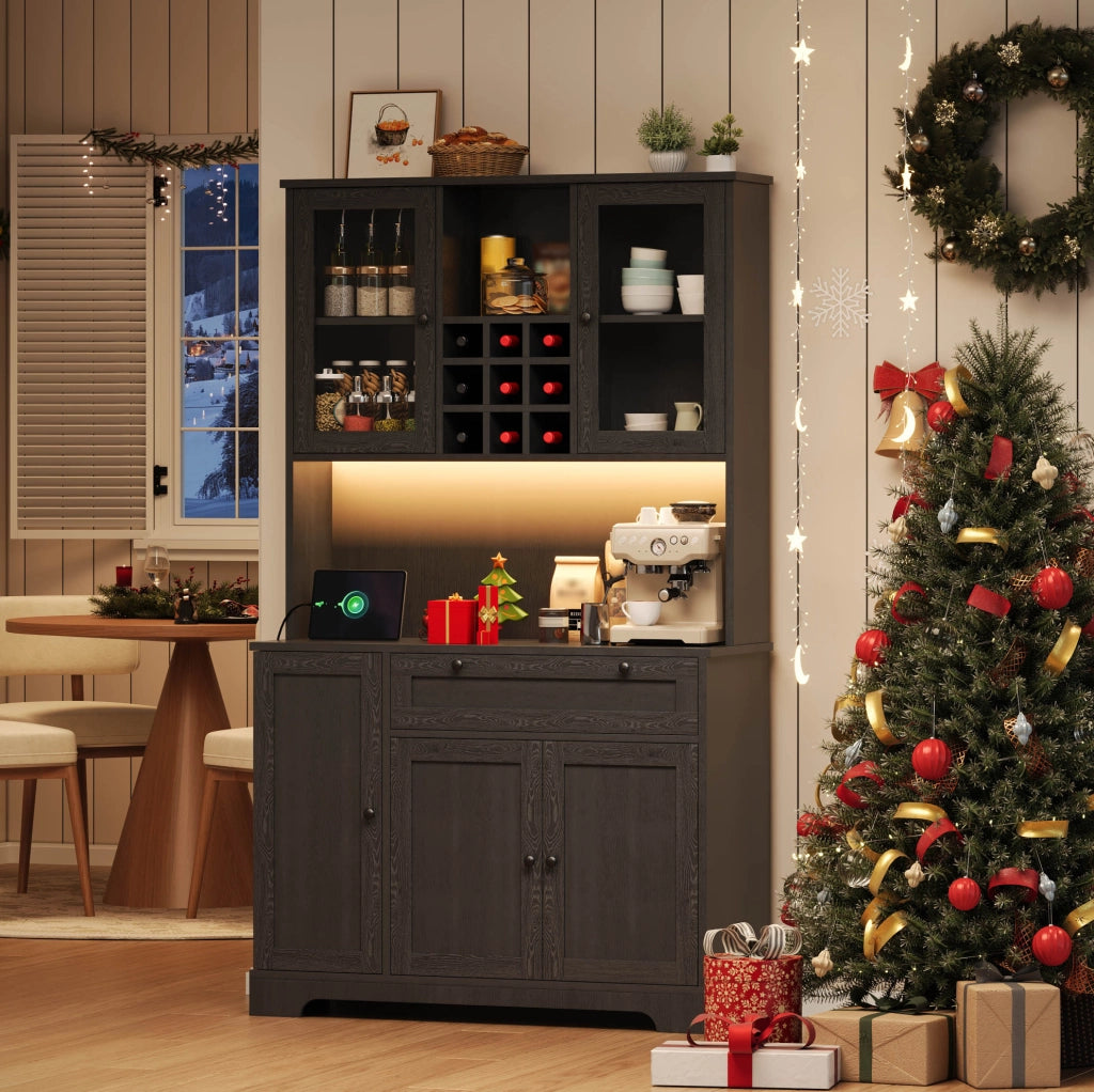 Credenza da cucina con LED, prese e portabottiglie, nera