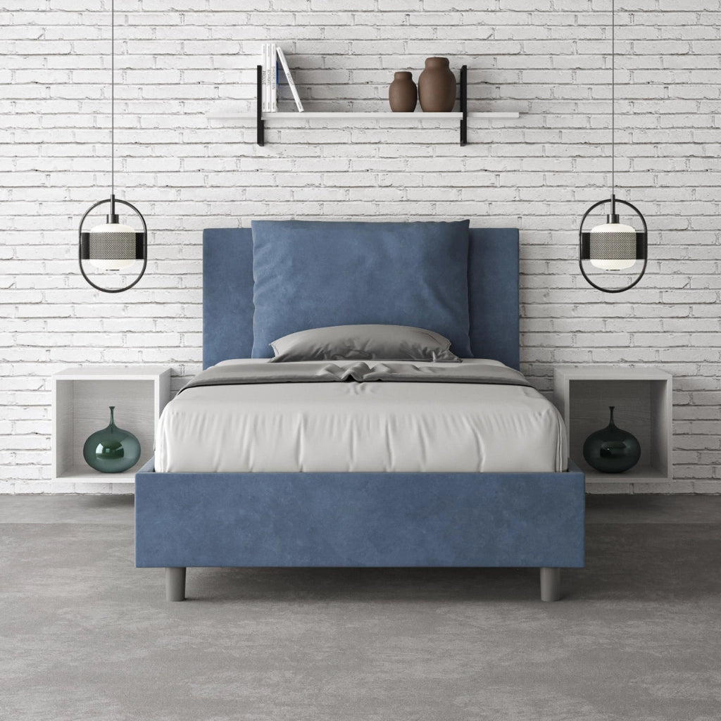 BS COM Letto una piazza e mezza senza rete imbottito 110x190 microfibra blu