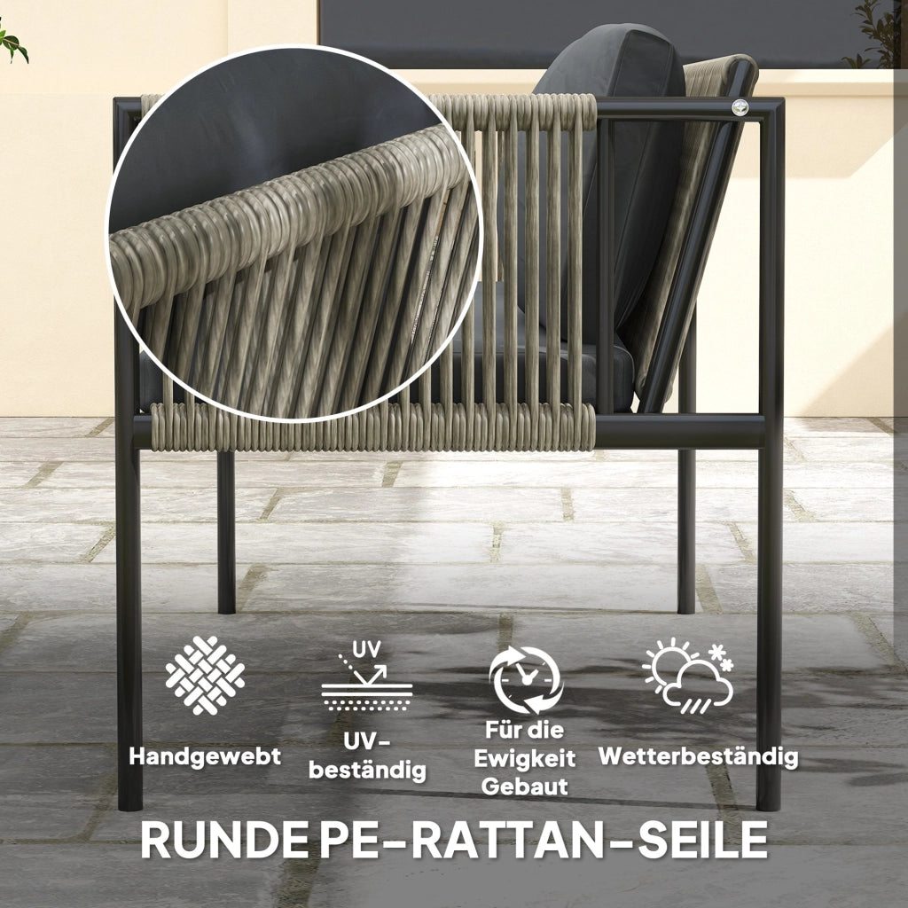 Set 4 pezzi giardino, divano 2 posti, 2 poltrone, tavolino con piano in vetro, cuscini, telaio in acciaio, rattan sintetico grigio, per esterno