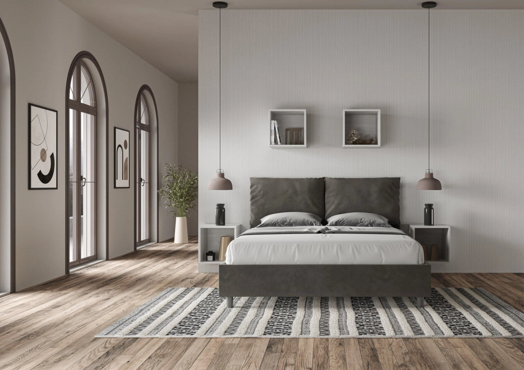BS COM Letto queen size contenitore imbottito 150x200 microfibra grigio