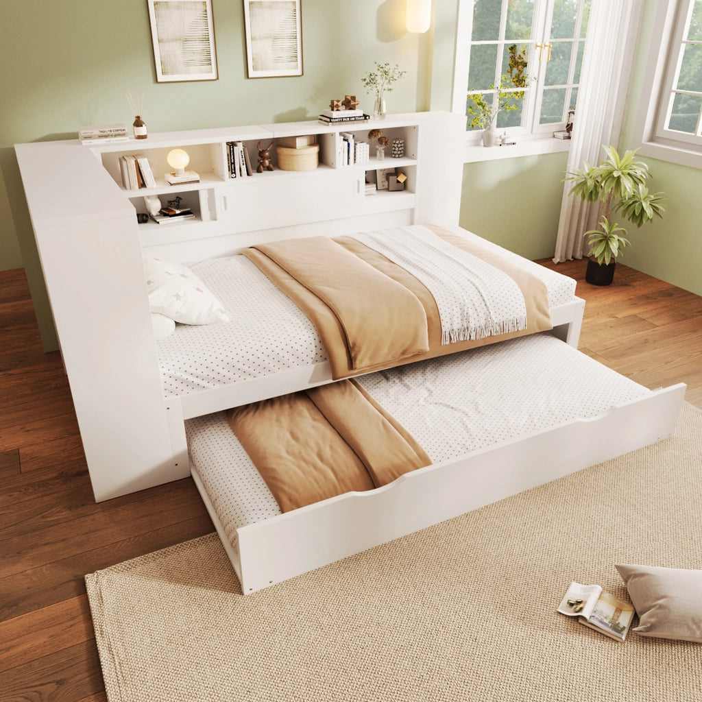 Desviae Letto per bambini 90 × 200 cm con letto estraibile vani portaoggetti USB struttura in legno di pino bianco