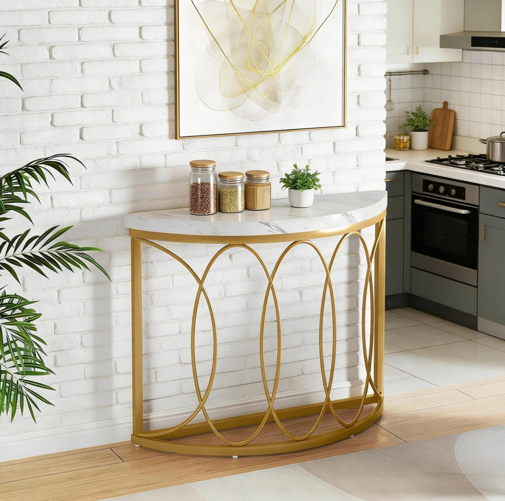 Tavolo consolle da ingresso semicircolare oro e bianco, 110 x 35 cm