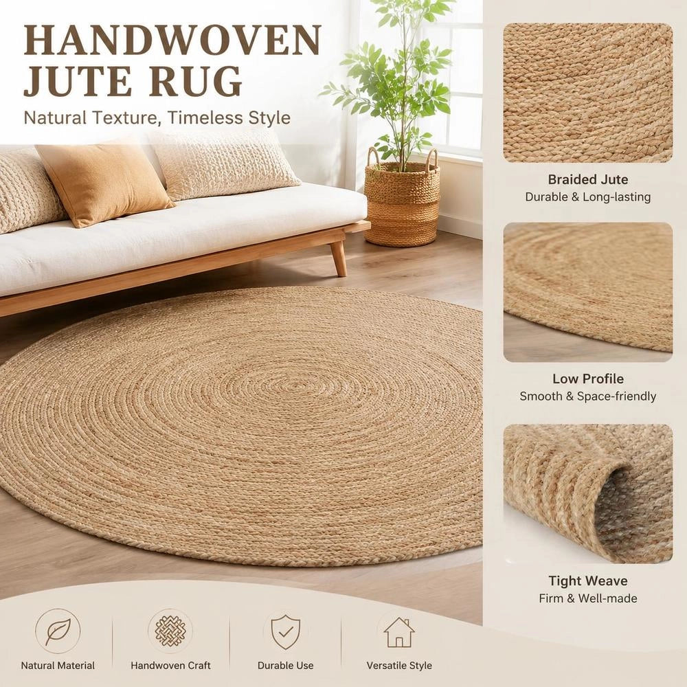 Round Jute Braided Rug 150 Cm, Natural Woven Floor Carpet For Living Room Bedroom Dining Area, Boho Farmhouse Home Decor
