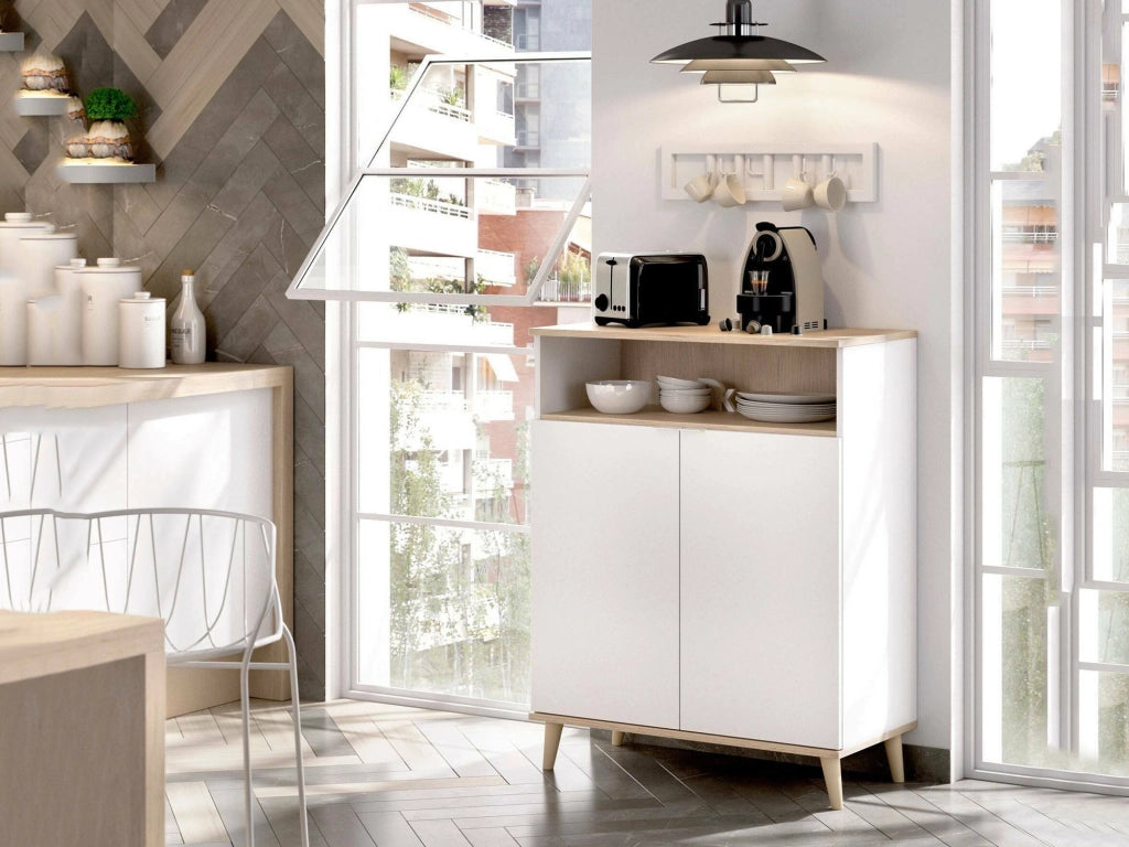 Credenza Altai, Buffet dispensa da soggiorno, Madia da salotto moderna a 2 ante, 80x40h102 cm, Bianco e Rovere
