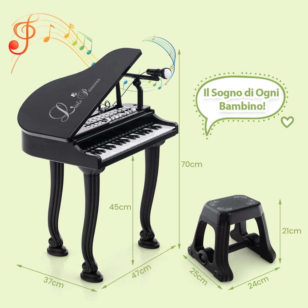Pianoforte per Bambini a 37 Tasti, Set Pianoforte con Microfono Regolabile, Pianoforte con Funzione di Registrazione e Riproduzione, Giocattolo Tastiera Musicale per Bambini 3+ Anni (Nero)