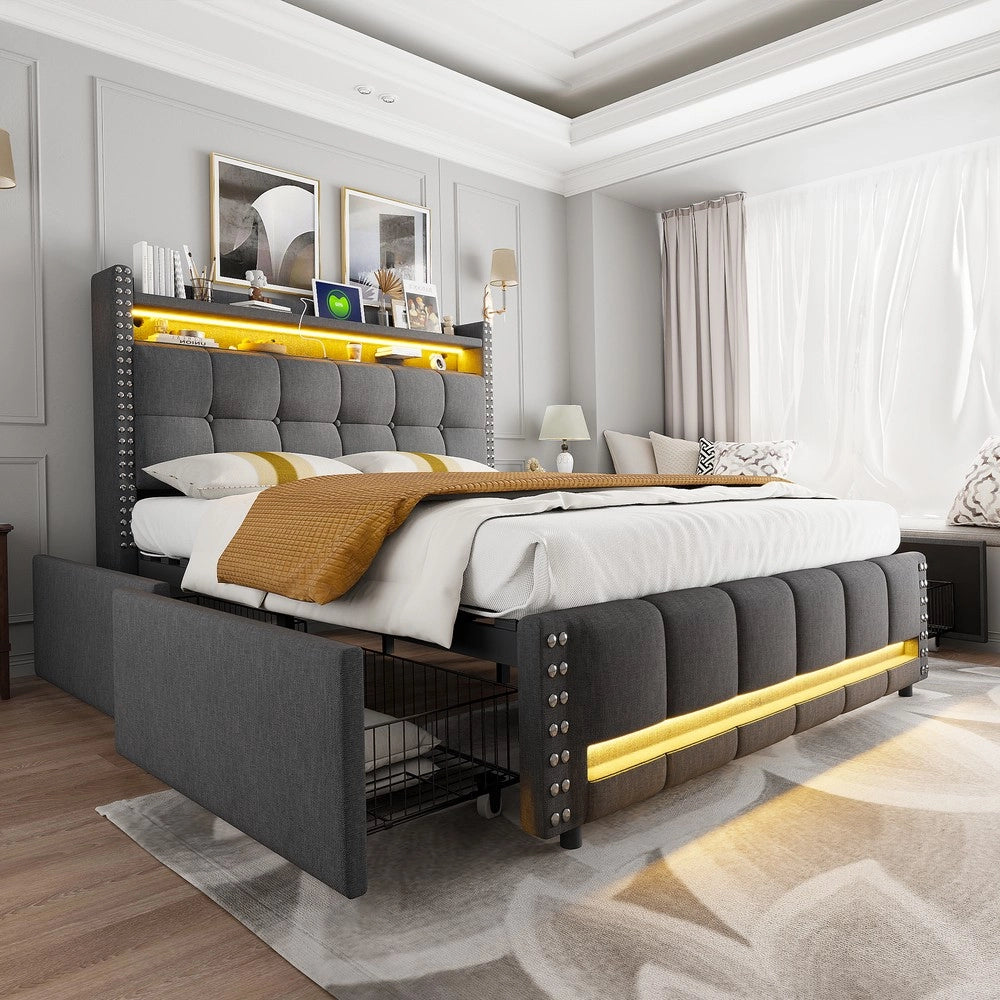 Letto Imbottito Contenitore con LED e USB ¨C MINIMAL ¨C Tessuto Grigio, 4 Cassetti, 160x200