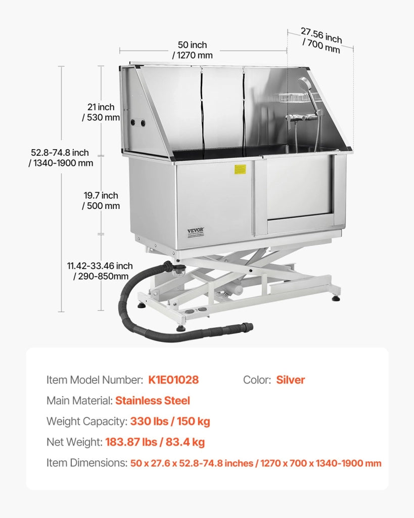 K1E01028 Vasca per toelettatura cani con sollevamento elettrico in acciaio inox argento 127 cm, stazione lavaggio regolabile con porta destra