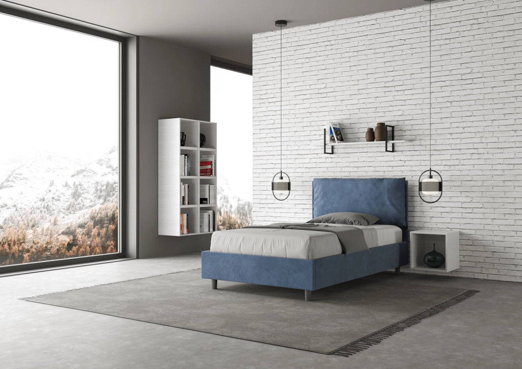 BS COM Letto una piazza e mezza senza rete imbottito 110x200 microfibra blu