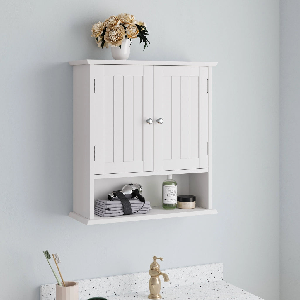 Armadietto da bagno sospeso con doppie ante e ripiani regolabili in MDF bianco a parete 54,6 × 19,8 × 59,9 cm