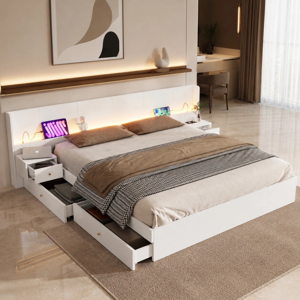 LETTO Matrimoniale 180x200 cm MDF Bianco con USB, LED, 2 comodini e cassetti
