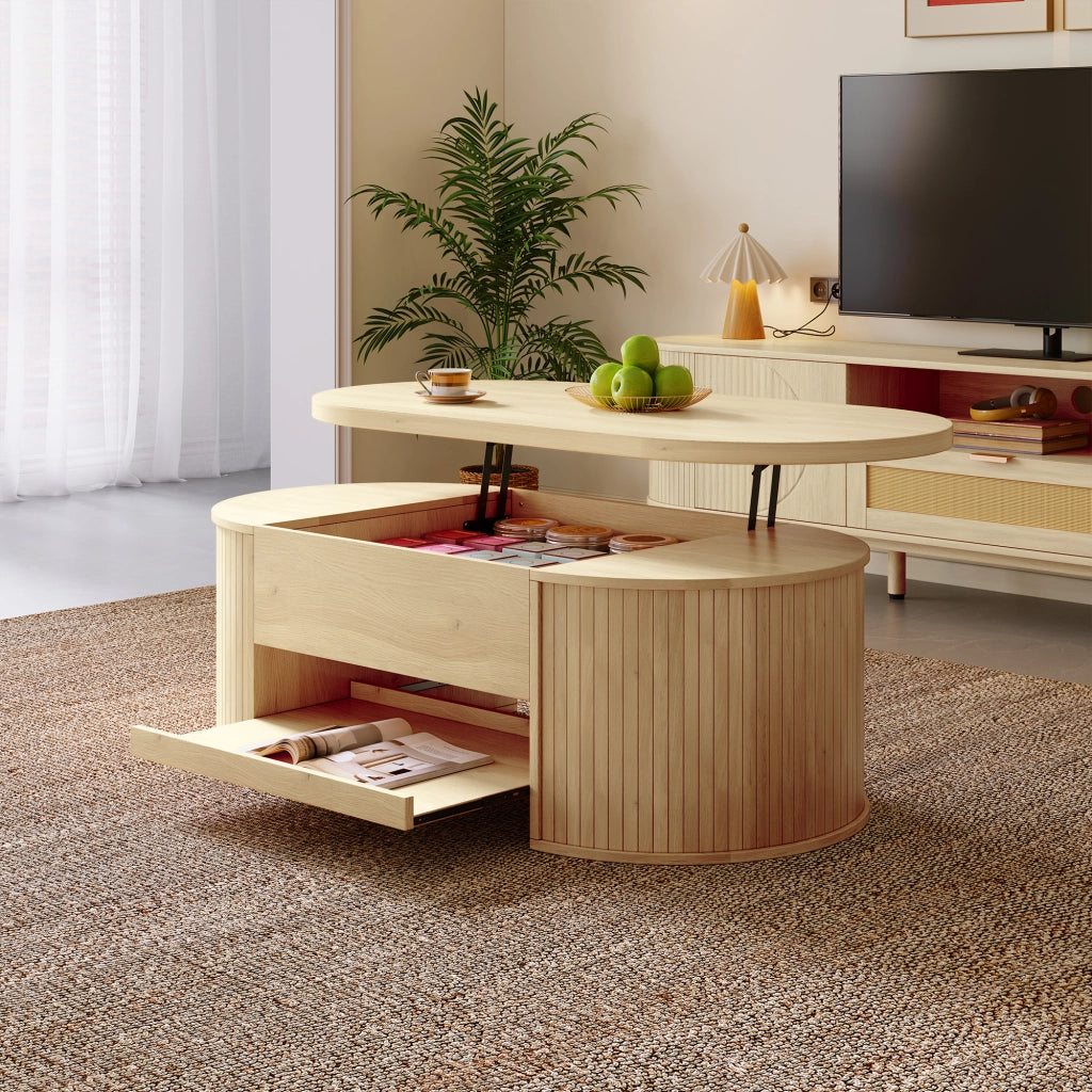 Tavolino da salotto con piano sollevabile 110x55;5x40 cm in MDF con lati in legno curvo color legno naturale