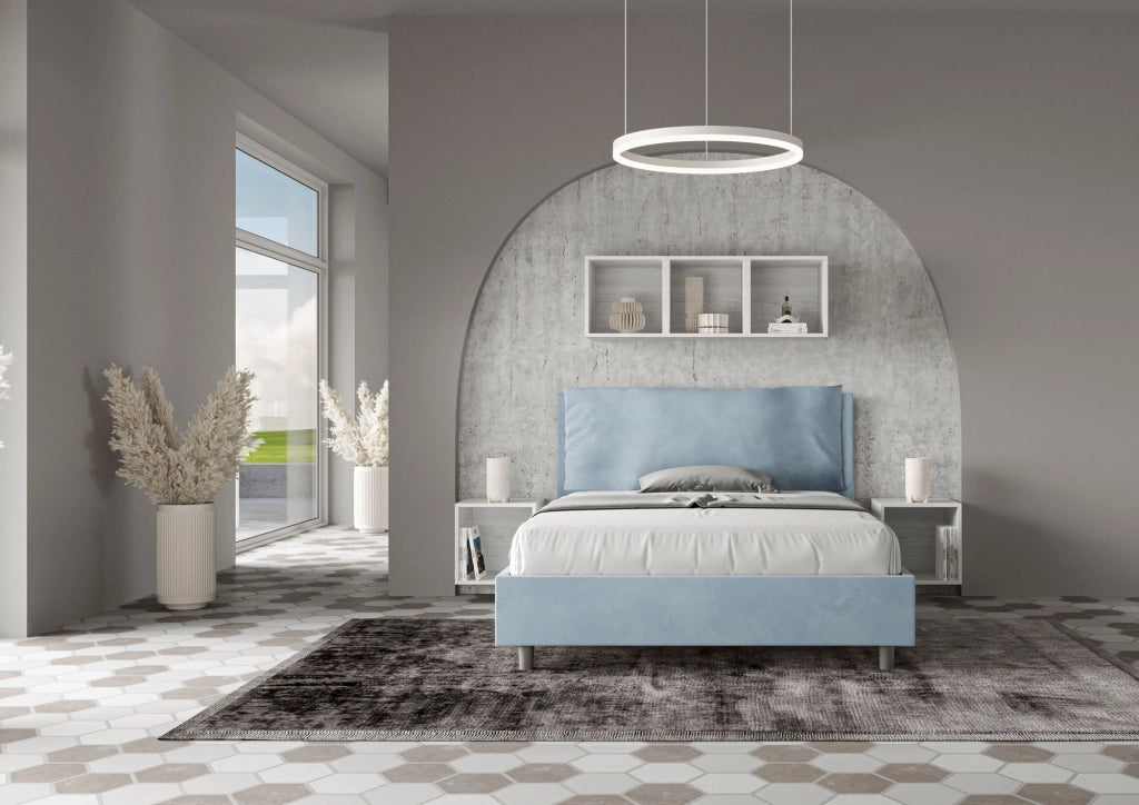 Letto Matrimoniale Francese 140x210 cm con Rete Imbottito in Microfibra Antea Large Azzurro