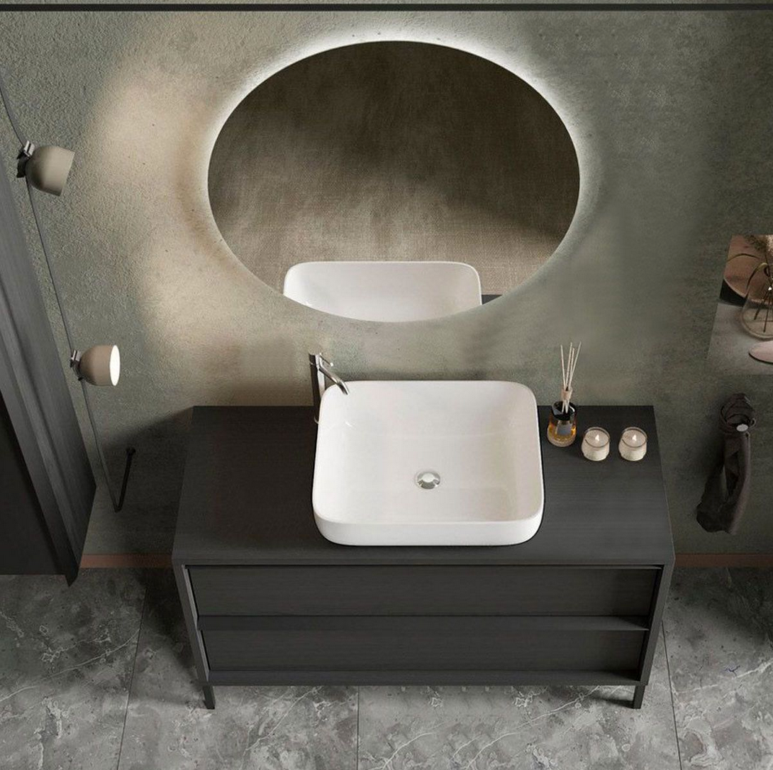 Mobile da bagno due cassetti Nero Frassinato con piedini L.110 cm, Made in Italy 