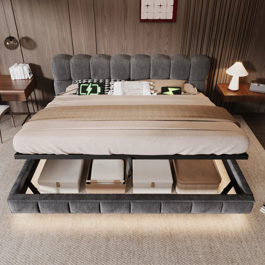 Letto matrimoniale 180x200 cm con contenitore idraulico; LED; USB e Type-C; ciniglia grigia