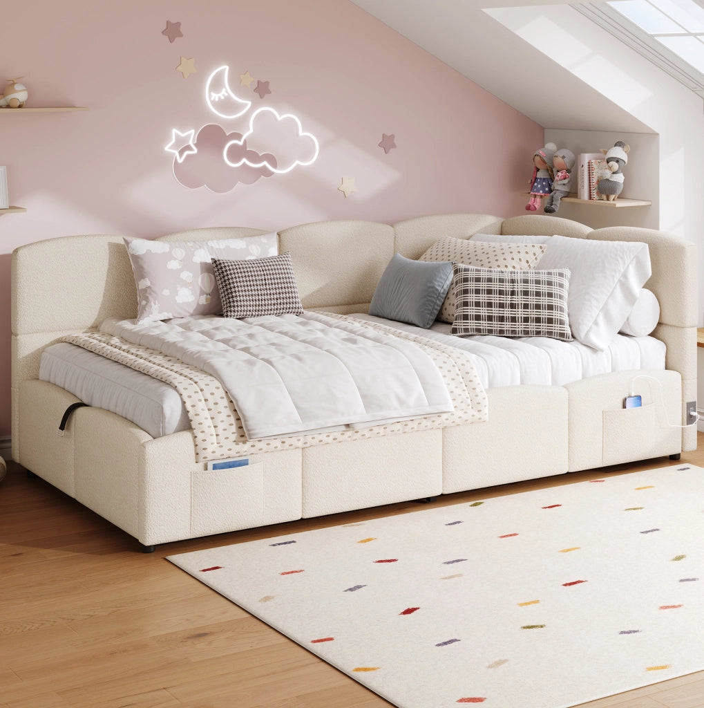 Letto contenitore 90x200 cm con USB A e USB C; tasche laterali; tessuto bouclé beige