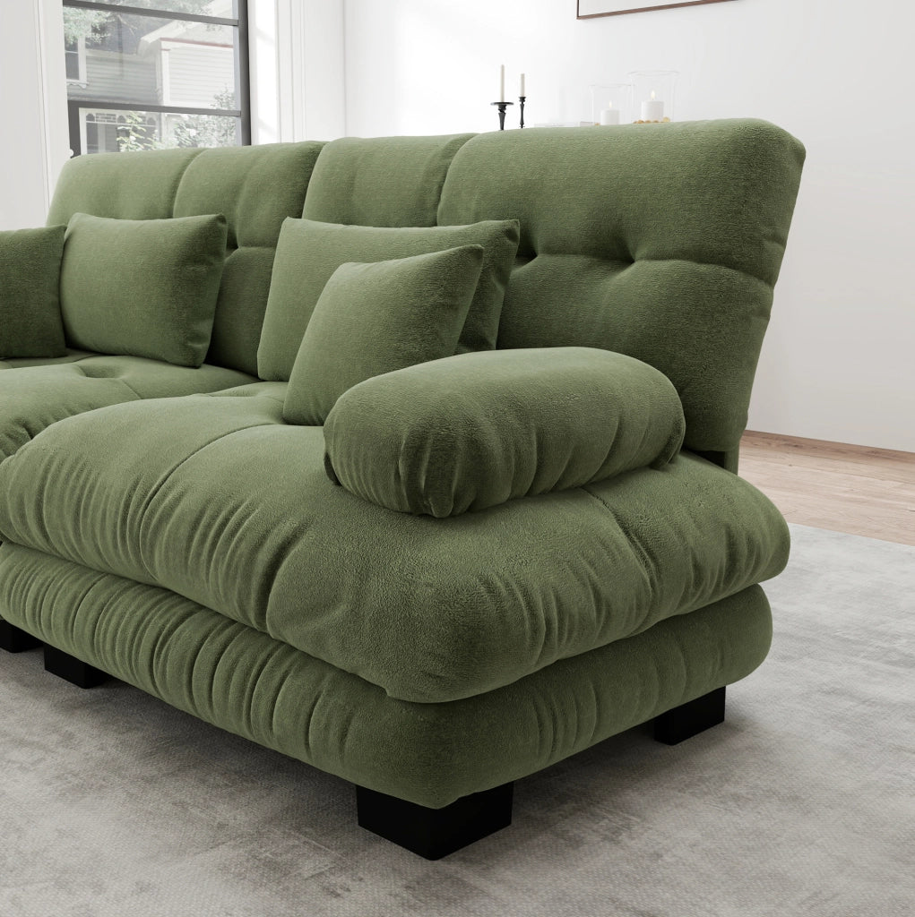 Divano Angolare Cloud in Chenille Verde con 2 Cuscini Lombari e 2 Cuscini Decorativi, Braccioli Imbottiti e Ottoman Movibile