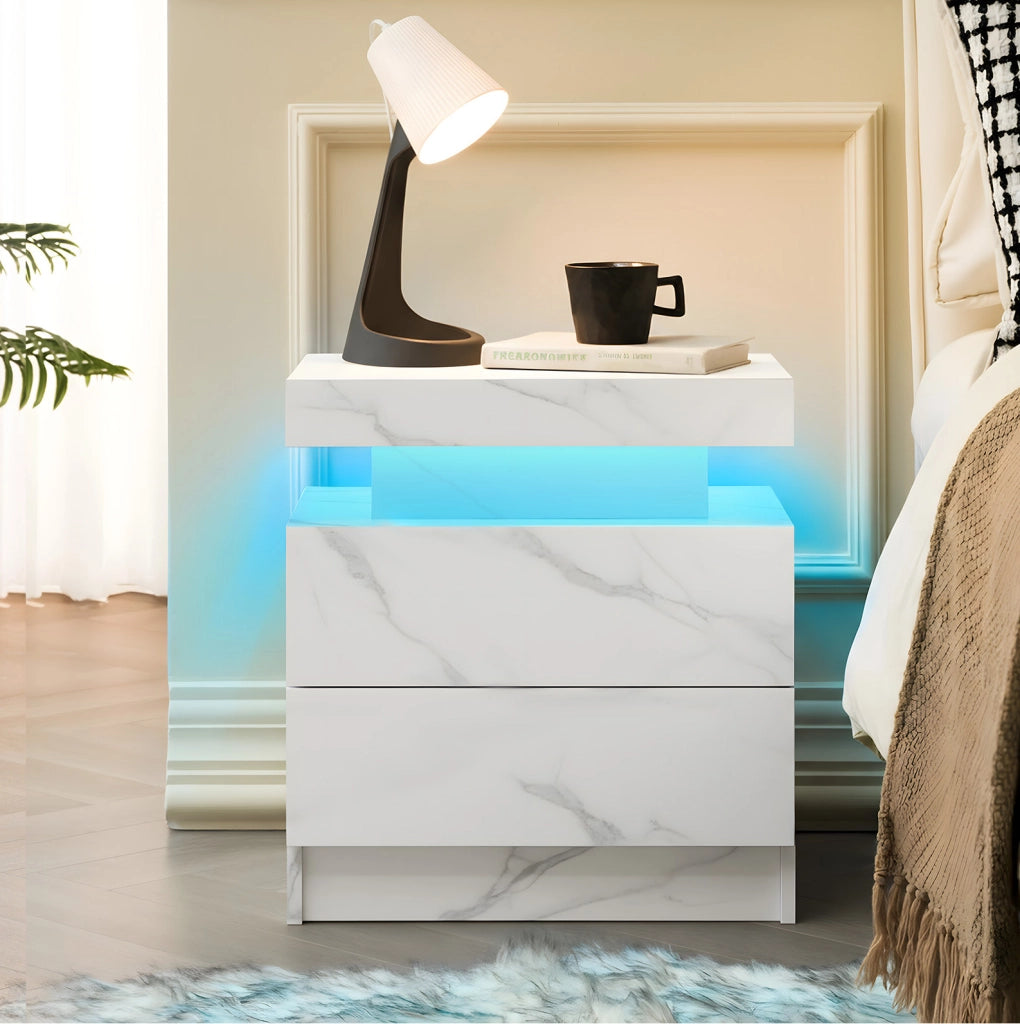 Comodino ULEVR con LED multicolore, 2 cassetti e vano aperto, pannello a base di legno bianco opaco