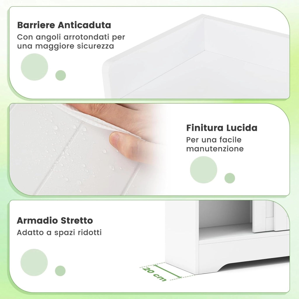 Mobile da Bagno, Armadietto Sottile con Porta Carta Igienica, Scomparto per Spazzolino e Ripiani Regolabili Accanto al WC, Armadio con Porta Scorrevole per Spazi Ridotti (Bianco)