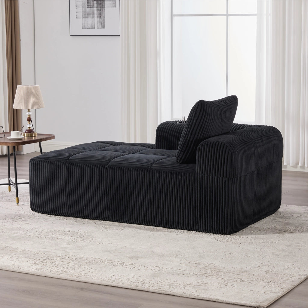 Divano compatto in velluto a coste nero con tasche laterali e portabevande 158 × 93 × 61 cm