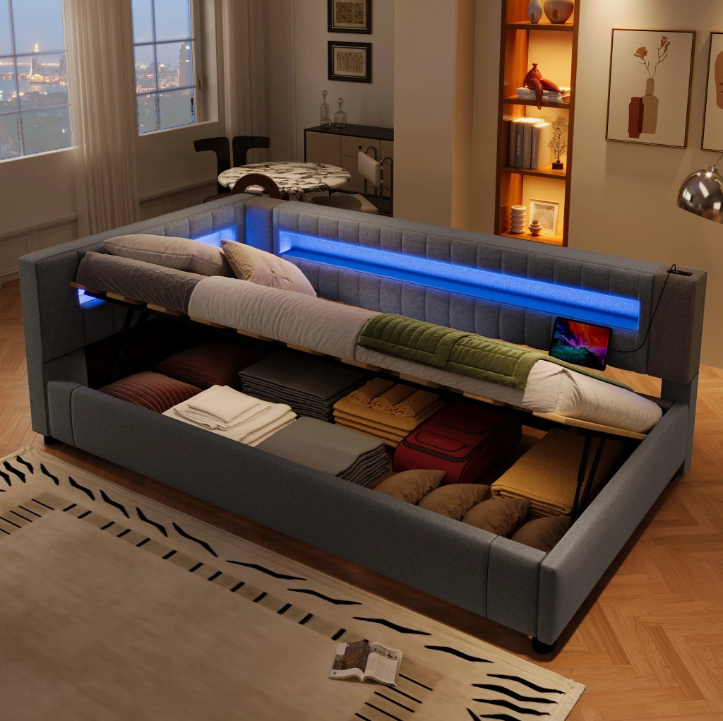 Letto daybed 90x200 cm in lino grigio con LED, contenitore idraulico, USB e Type-C