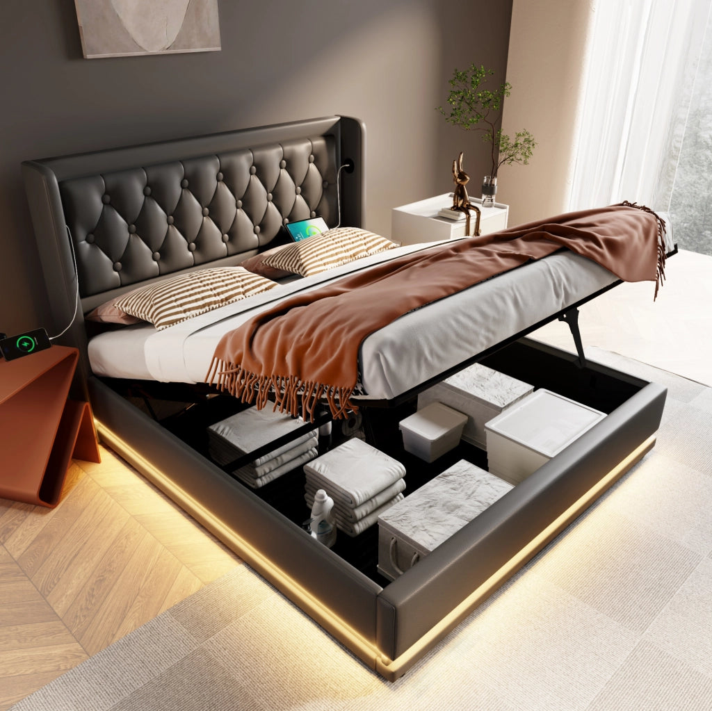 Letto matrimoniale contenitore 180 × 200 cm con LED; USB e USB-C; PU nero