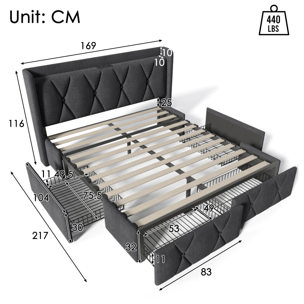Letto imbottito USB 4 cassetti 160x200 doghe grigio