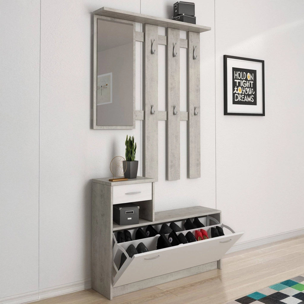 Mobile da ingresso Dazio, Entratina moderna con specchiera, Mobile con scarpiera, Mobile svuotatasche, Cm 100x25h180, Bianco e Cemento