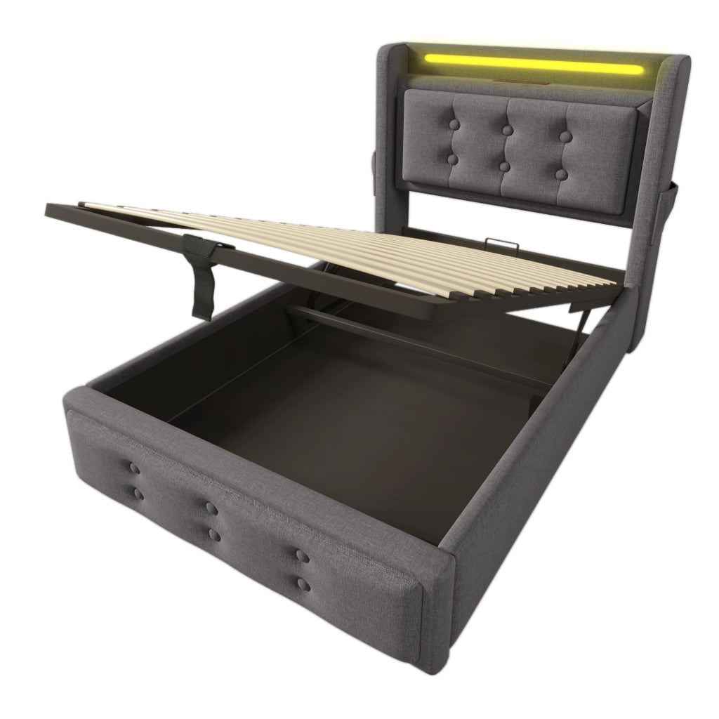 Letto singolo imbottito 90x200 cm con testiera LED e contenitore