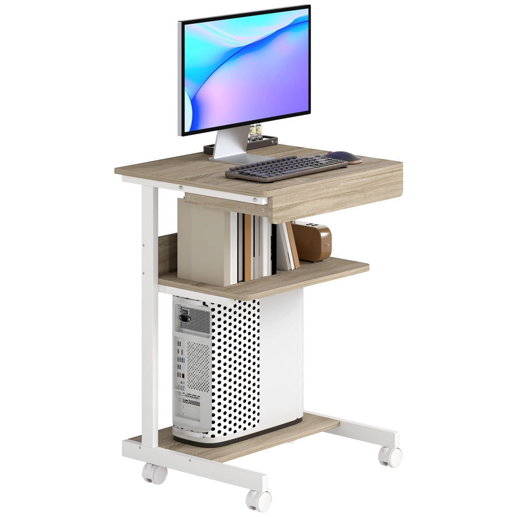 Scrivania per computer con ruote 56 x 51 cm tavolo porta pc con cassetto e supporto CPU salvaspazio colore rovere