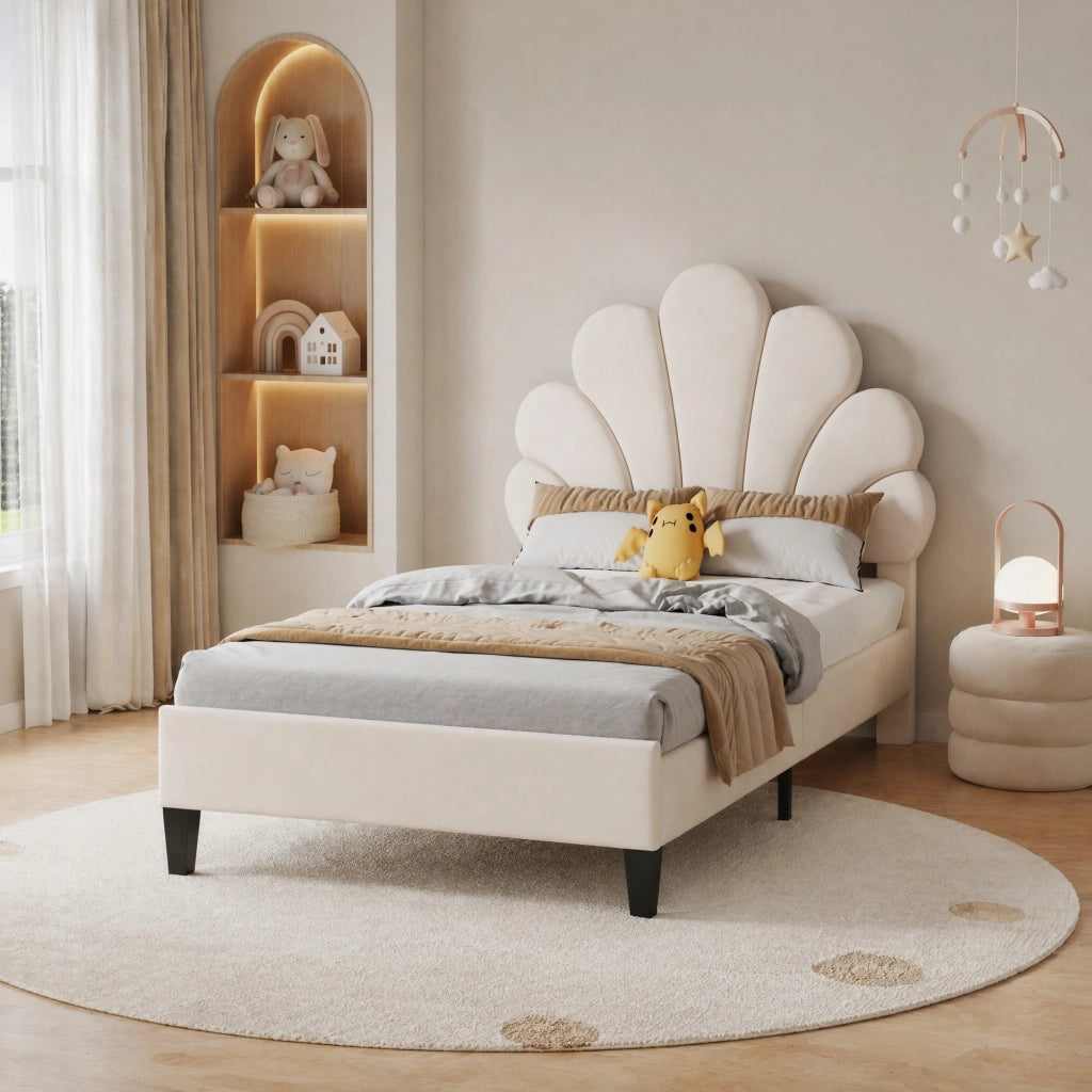Letto imbottito 90x200 cm con testiera floreale beige