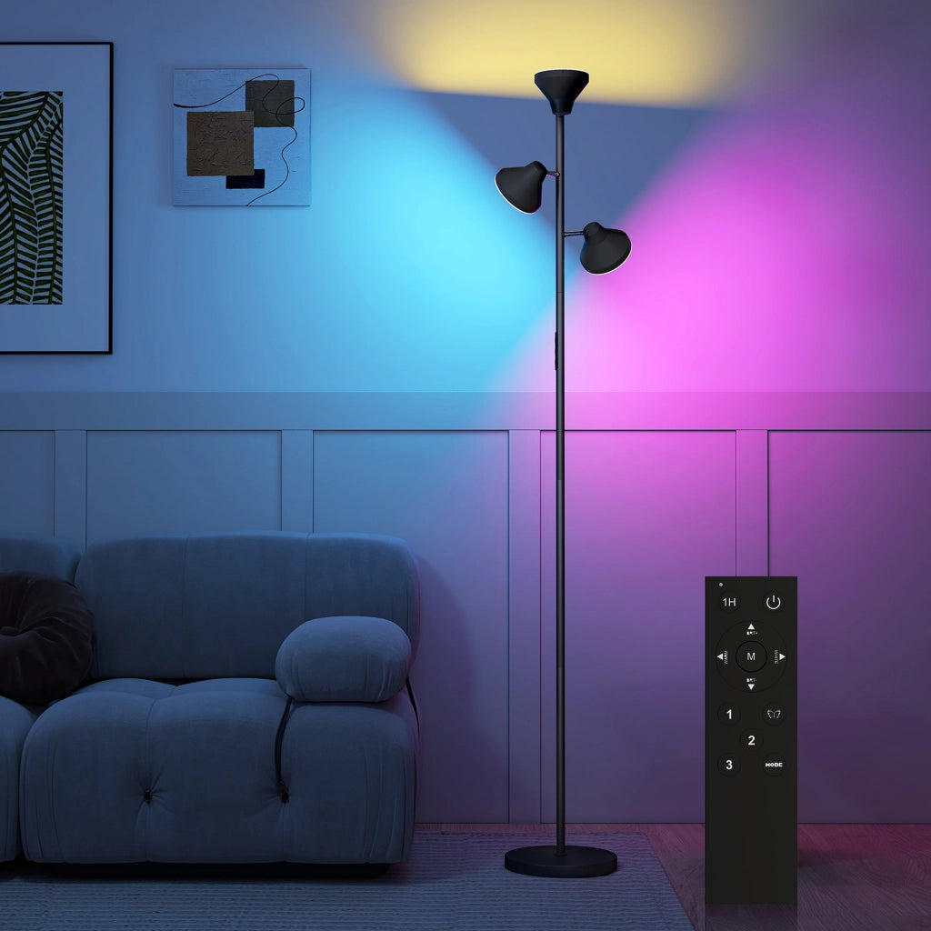 Lampada da terra LED dimmerabile RGB con 3 teste orientabili, luce da lettura, telecomando e controllo touch, 4150 lm, nero