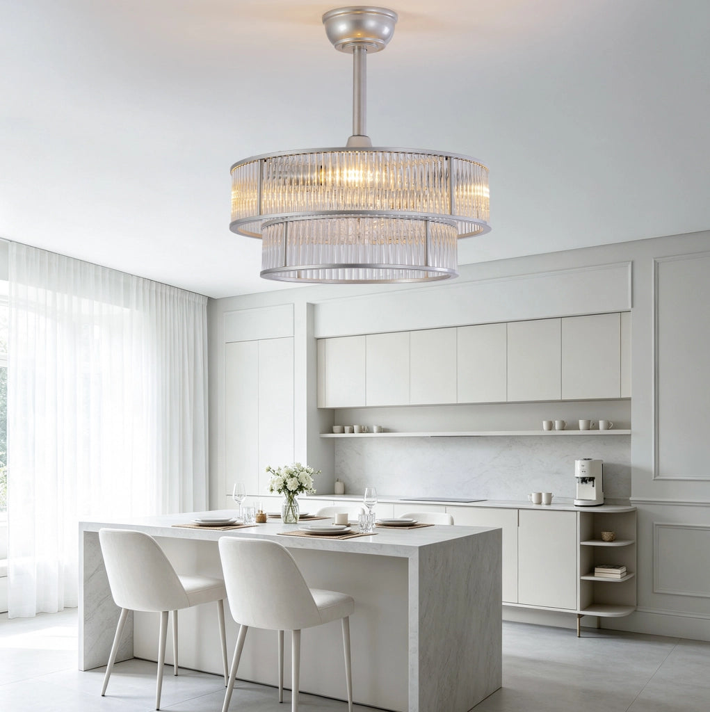 Ventilatore da soffitto 19" con luce, cristalli e 6 velocit¨¤, argento