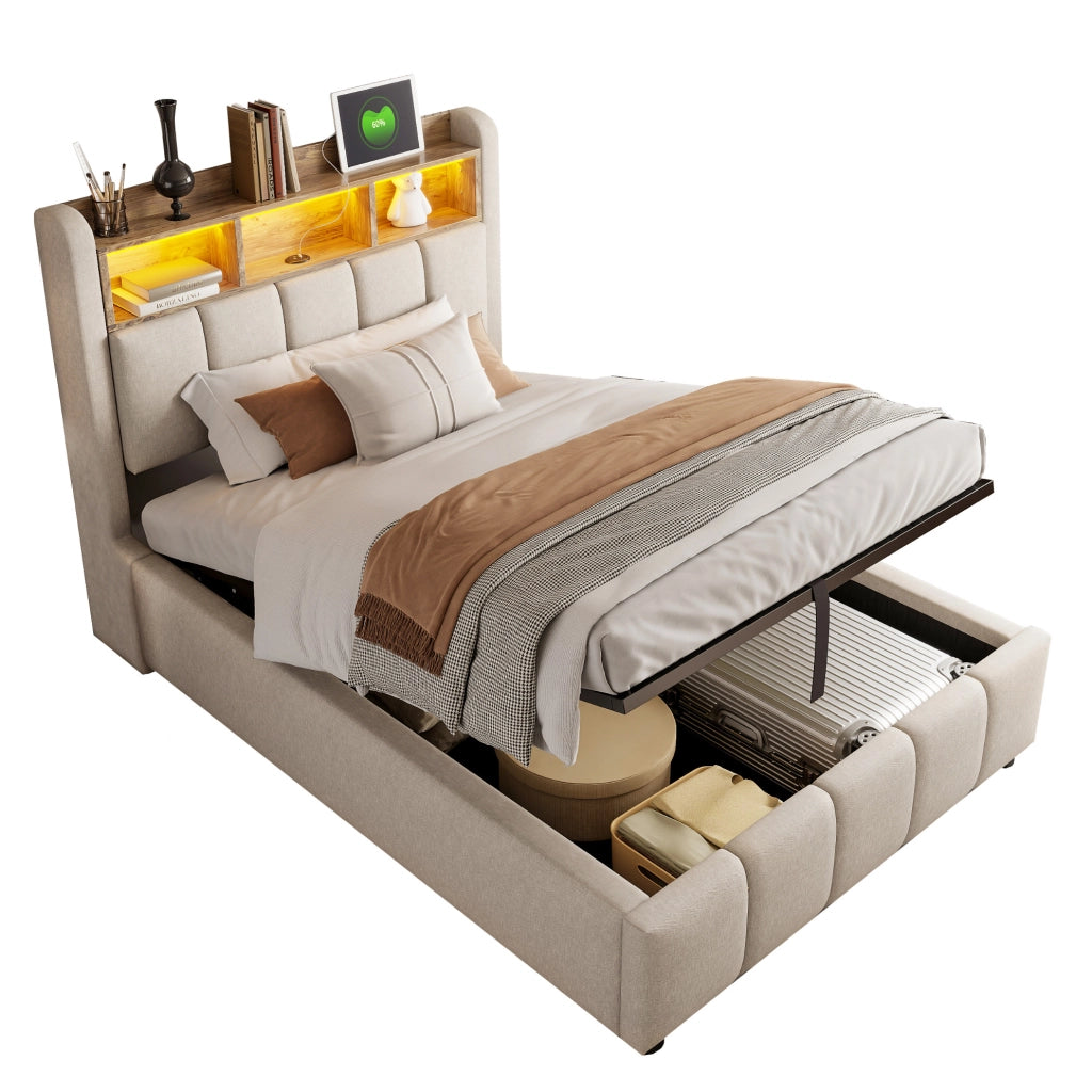 Letto singolo imbottito 90x200 cm beige con LED e USB