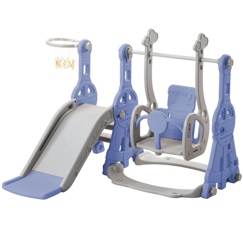 4 in 1 Parco Giochi Bambini 140x118x102cm Scivolo per Bambini, Parco Giochi Bambini Interno, con Altalena, Scivolo, Canestro Basket, Scala, Blu