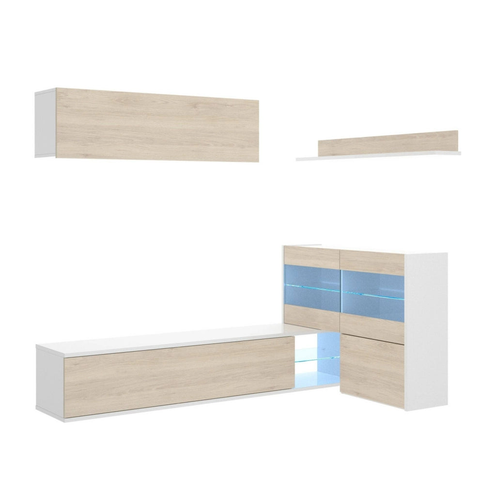 Parete attrezzata Agio, Set da soggiorno modulare ad angolo, Mobile salotto multiposizione con luce LED, 260x41h180 cm, Rovere e Bianco