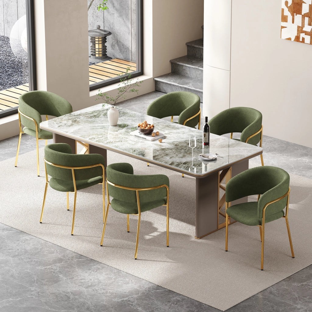 6 sedie da pranzo in tessuto a coste con schienale ergonomico e piedini regolabili, struttura in metallo e legno verde