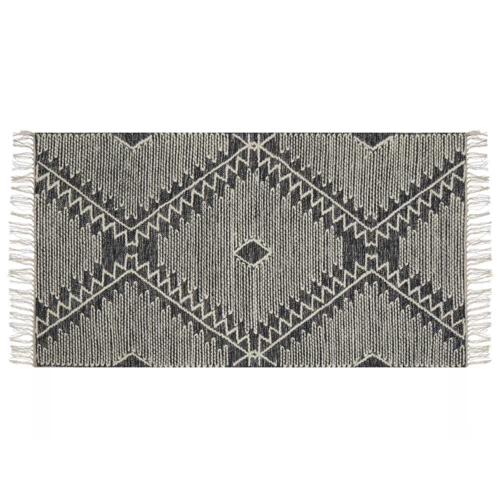 Tappeto in cotone bianco panna nero 80 x 150 cm lana motivo geometrico nappe tribale orientale