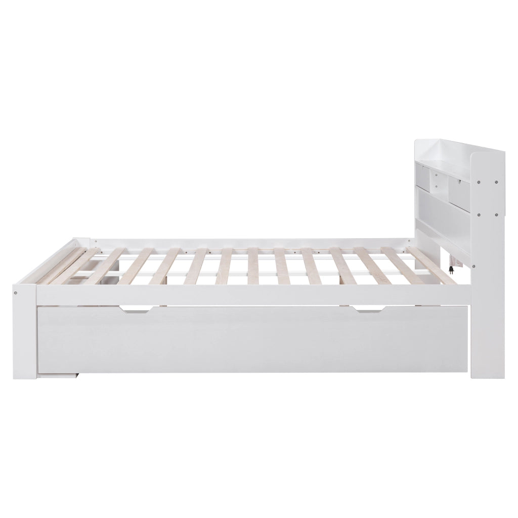 Letto Matrimoniale 160x200 cm; 2 Posti - USB; Type-C; Ripiani; Cassetti - Bianco