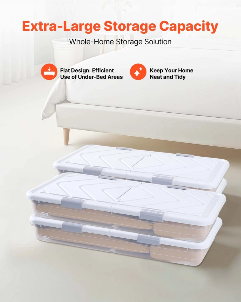Set 4 Contenitori Sottoletto con Rotelle e Coperchio 805 x 396 x 175 mm Scatole Salvaspazio Trasparenti per Vestiti e Coperte