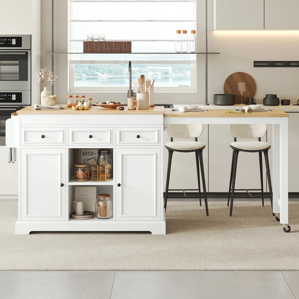 Mobili da cucina, isola da cucina, tavolo da pranzo allungabile, con rotelle, 3 cassetti, finitura effetto legno, bianco e color legno naturale